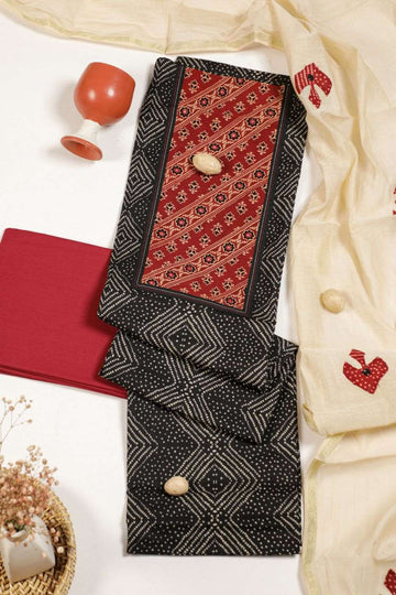 Bandhani Black Olive Applique cotton unstitched suit set.